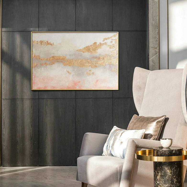 Gold Hand-painted Leaf Contemporary Abstract Canvas Wall Art 7KEVR